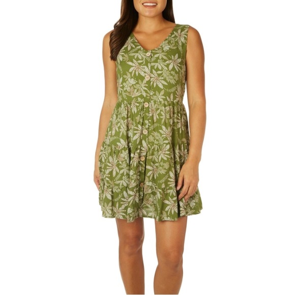 CURE Apparel Womens Leaf Print Button Sleeveless Dress - Picture 6 of 7